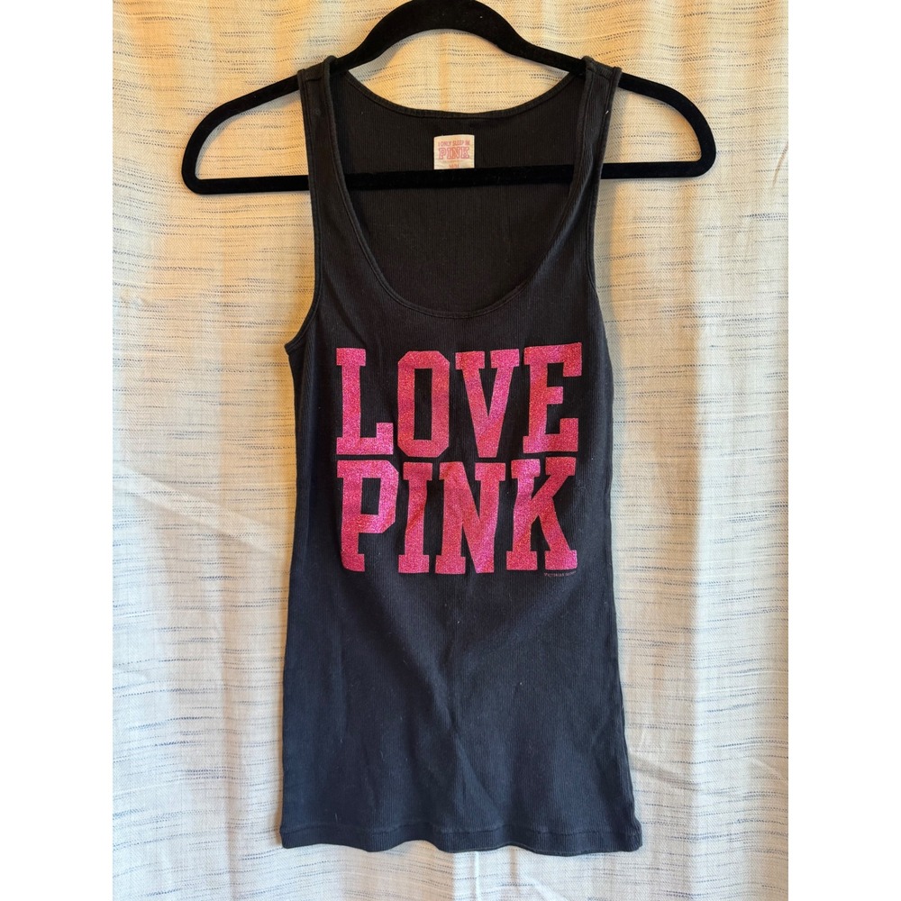 Victorias Secret PINK Ribbed Tank Top Black Glitter Love Pink Graphic Medium